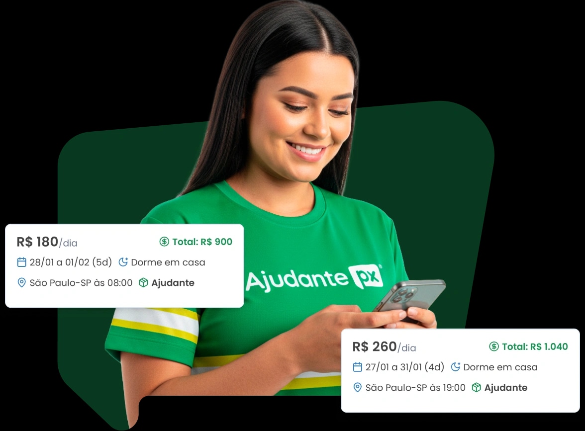 Ajudante PX usando o aplicativo, com dois contratos de diária na tela