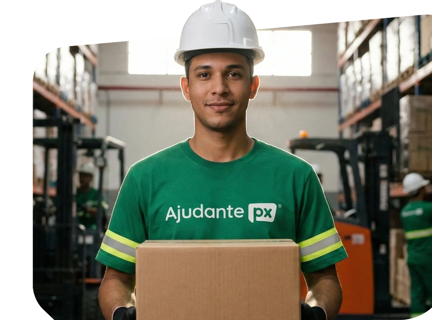 Ajudante PX segurando uma caixa num centro de distribuição